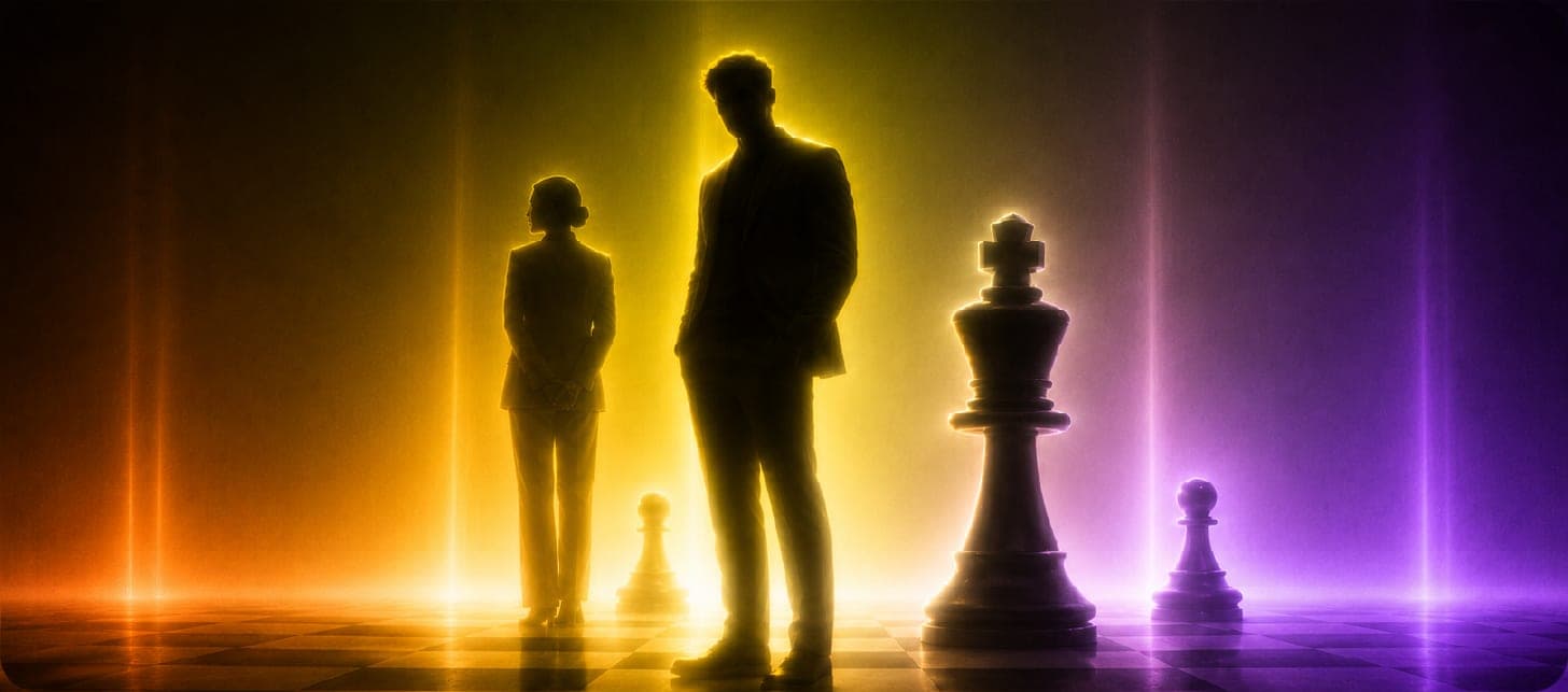 Two silhouetted figures standing on a chessboard beside chess pieces, representing matching brands with the right creator
