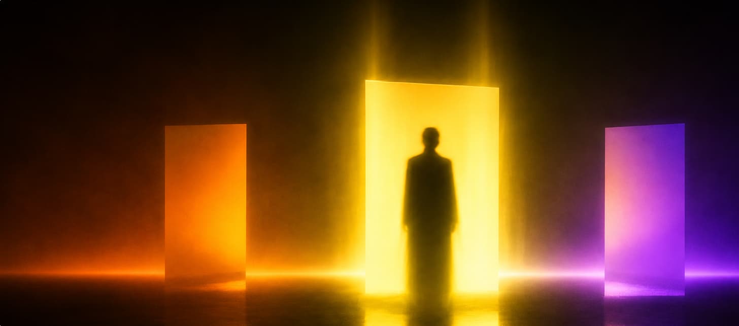 Silhouetted figure standing in a glowing doorway between coloured panels, representing authentic creator content