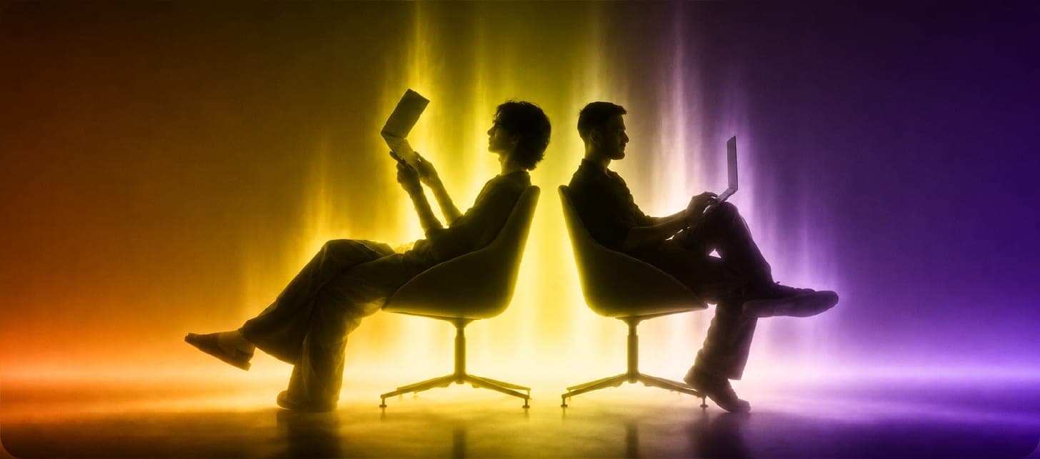 Two silhouetted people seated back to back with a tablet and laptop, representing the team behind every campaign