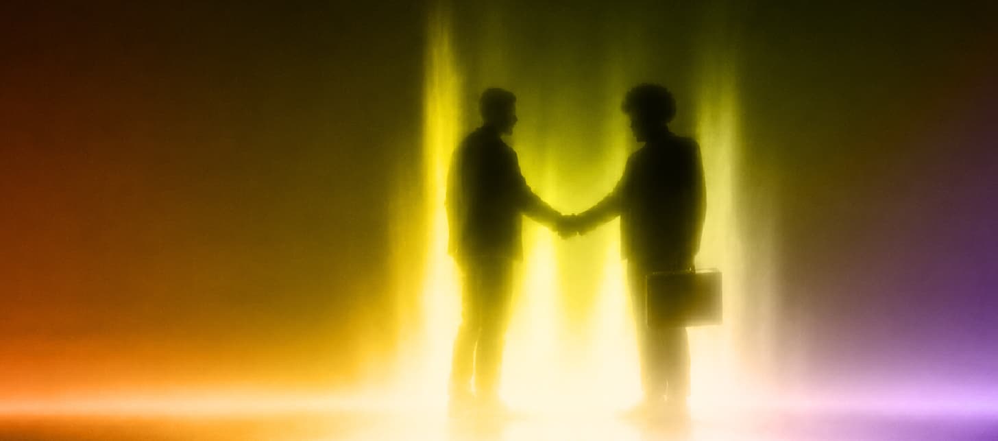 Two silhouetted figures shaking hands in coloured light, representing brands partnering directly with creators