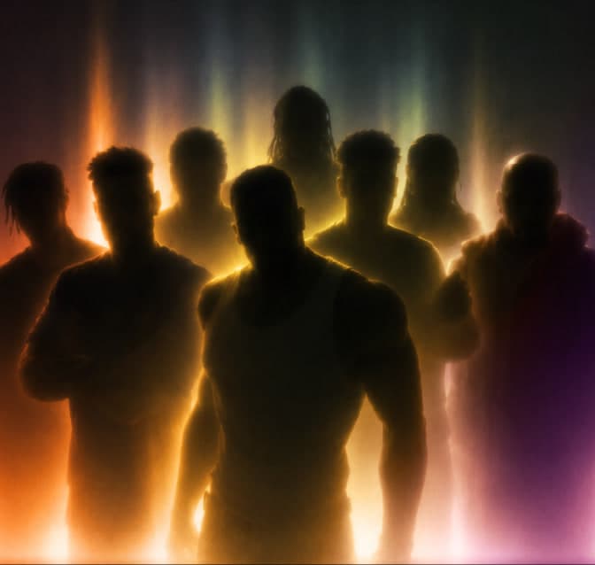 Group of creators standing together in silhouette against colourful light, representing creator community management and audience building