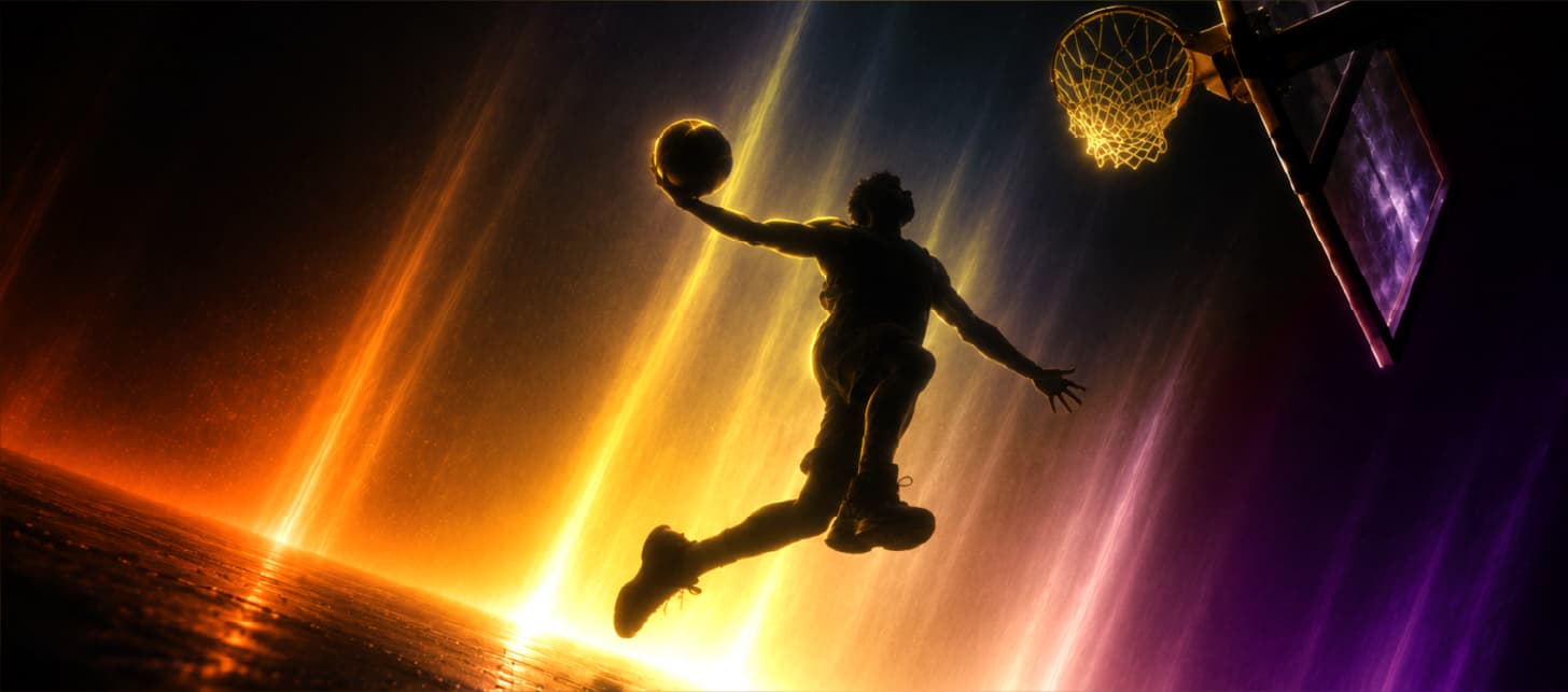 Basketball player mid-dunk against streaking light, representing brand campaigns built for results