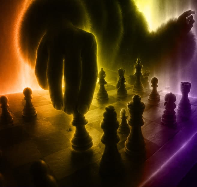 Creator manager's hand moving a chess piece on a glowing board, representing strategic talent management for creators