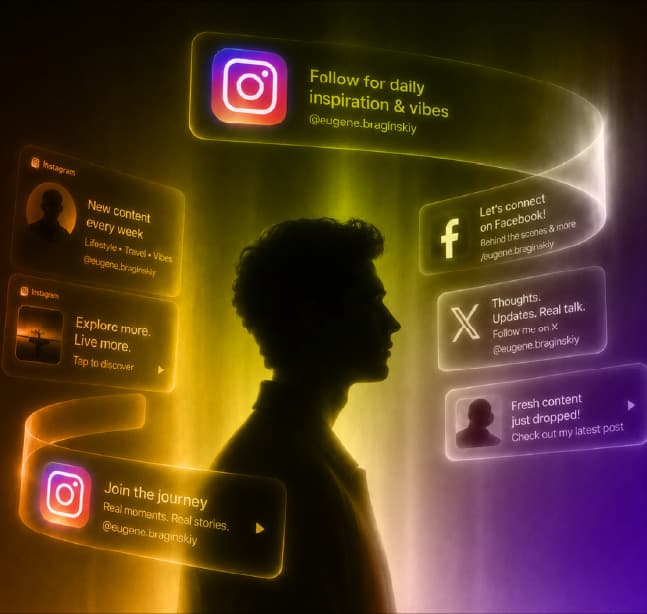 Creator silhouette surrounded by glowing Instagram, Facebook and X post cards, representing user-generated content across social platforms