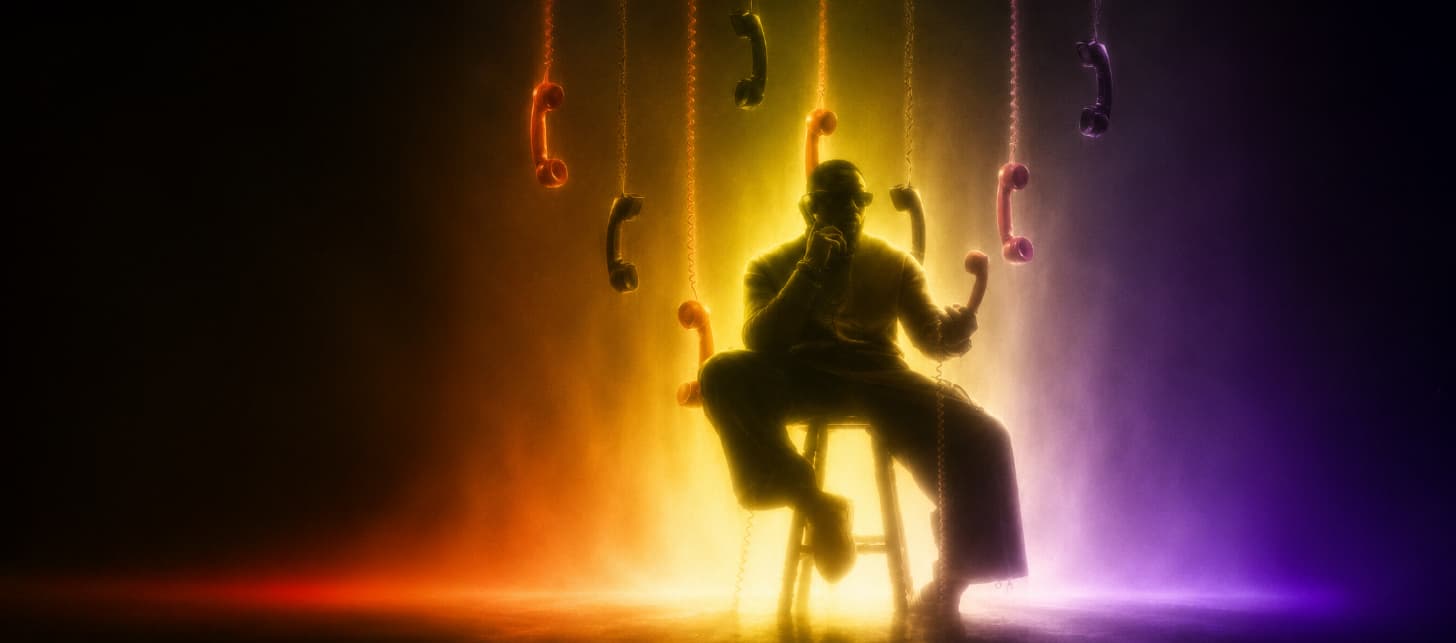Creator seated among hanging phone handsets in coloured light, representing managed brand deals and outreach